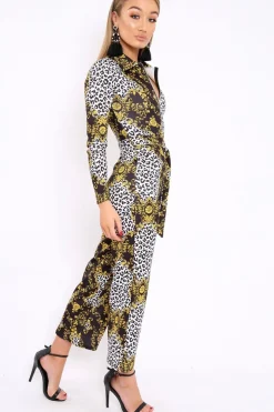 Rebellious Fashion Black and Gold Leopard Print Zip Front Jumpsuit - Aazeen