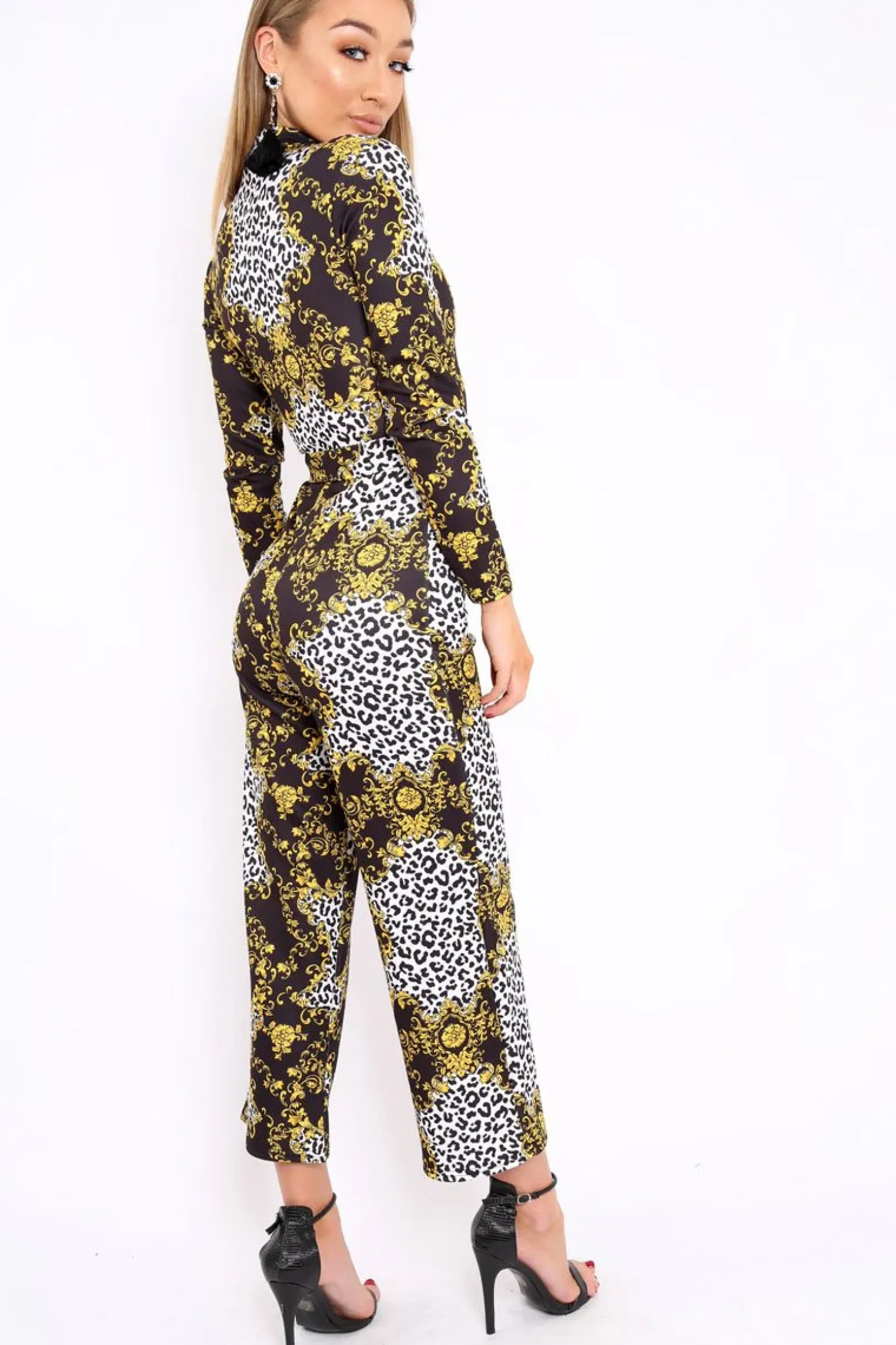 Rebellious Fashion Black and Gold Leopard Print Zip Front Jumpsuit - Aazeen