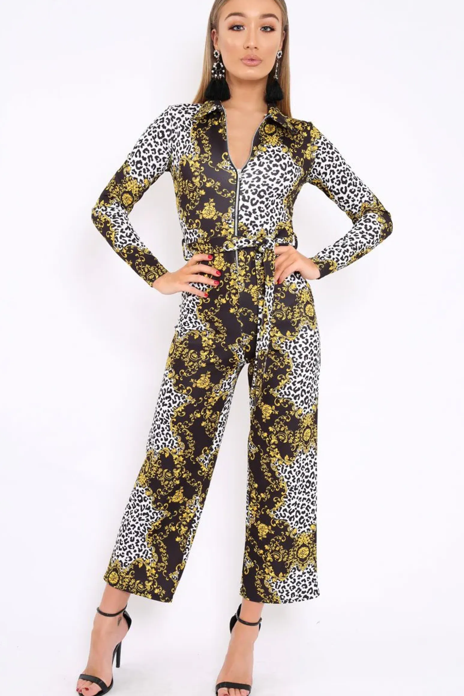 Rebellious Fashion Black and Gold Leopard Print Zip Front Jumpsuit - Aazeen