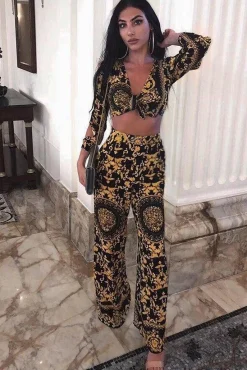 Rebellious Fashion Black and Gold Print Tie front Crop Top - Delia