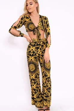 Rebellious Fashion Black and Gold Print Tie front Crop Top - Delia
