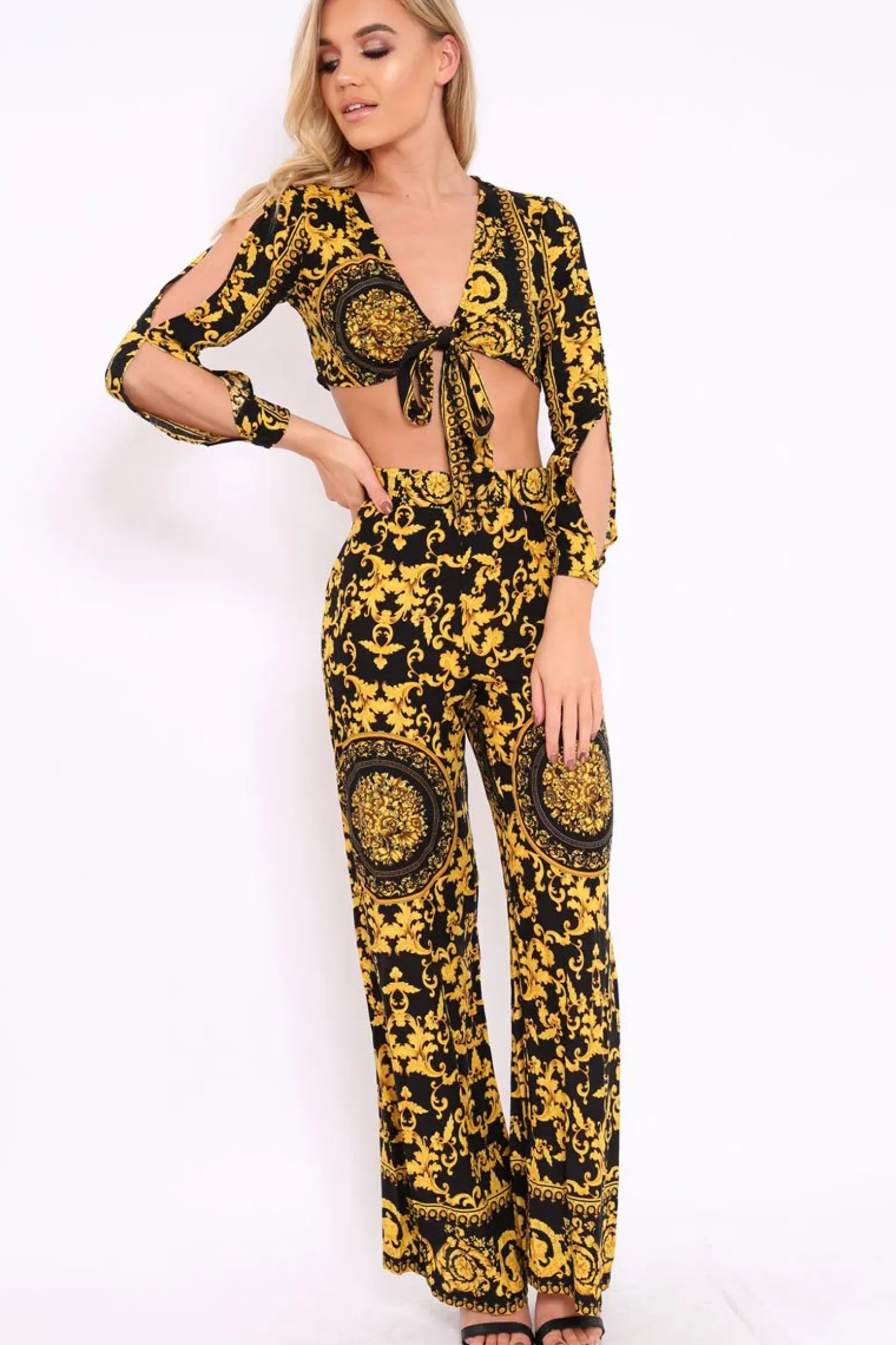 Rebellious Fashion Black and Gold Print Tie front Crop Top - Delia