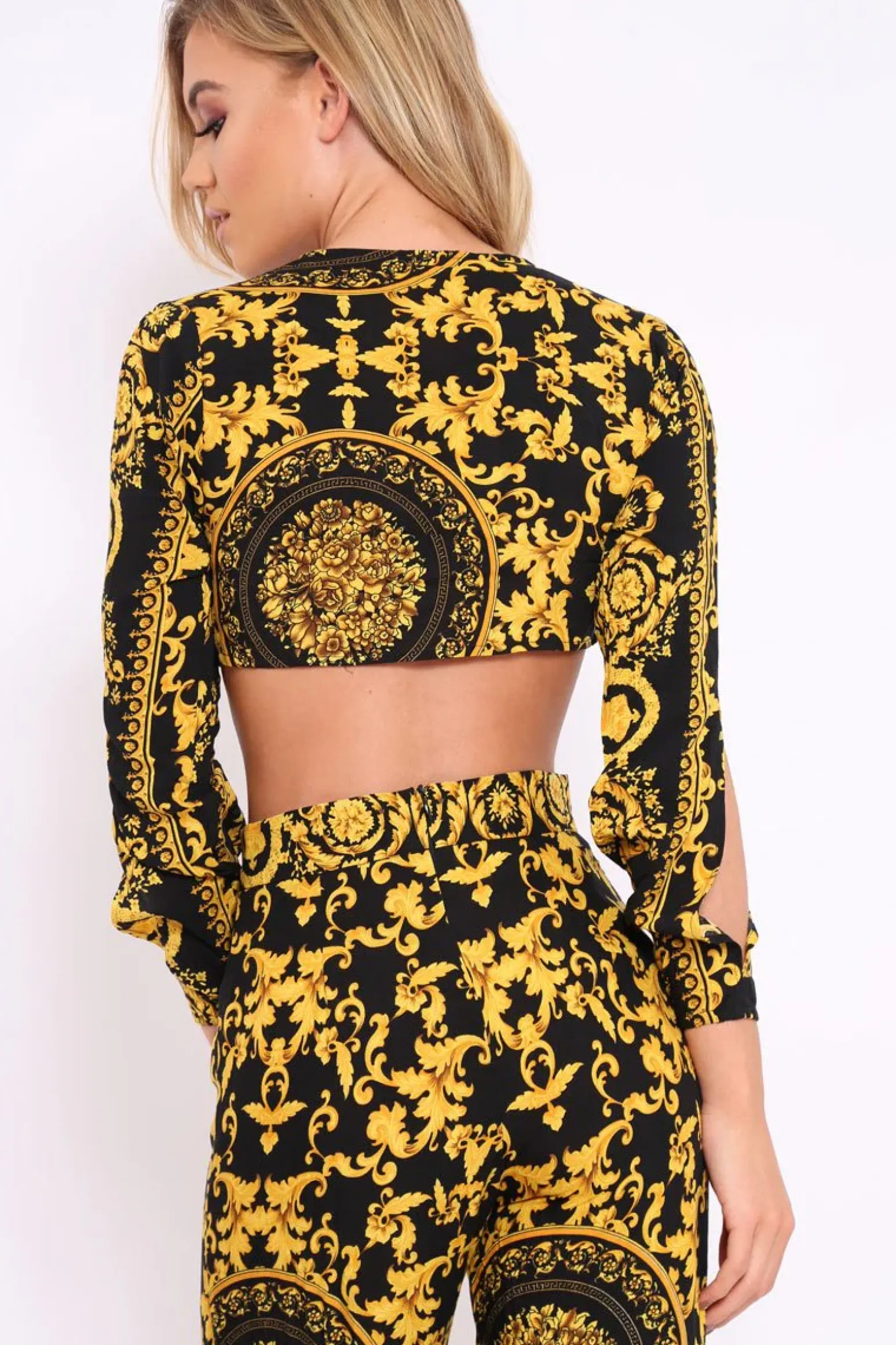 Rebellious Fashion Black and Gold Print Tie front Crop Top - Delia