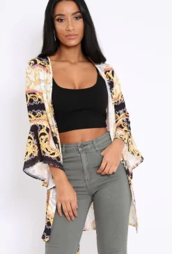Rebellious Fashion Black and Gold Scarf Print Flare Sleeves Kimono - Marley