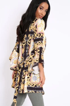 Rebellious Fashion Black and Gold Scarf Print Flare Sleeves Kimono - Marley
