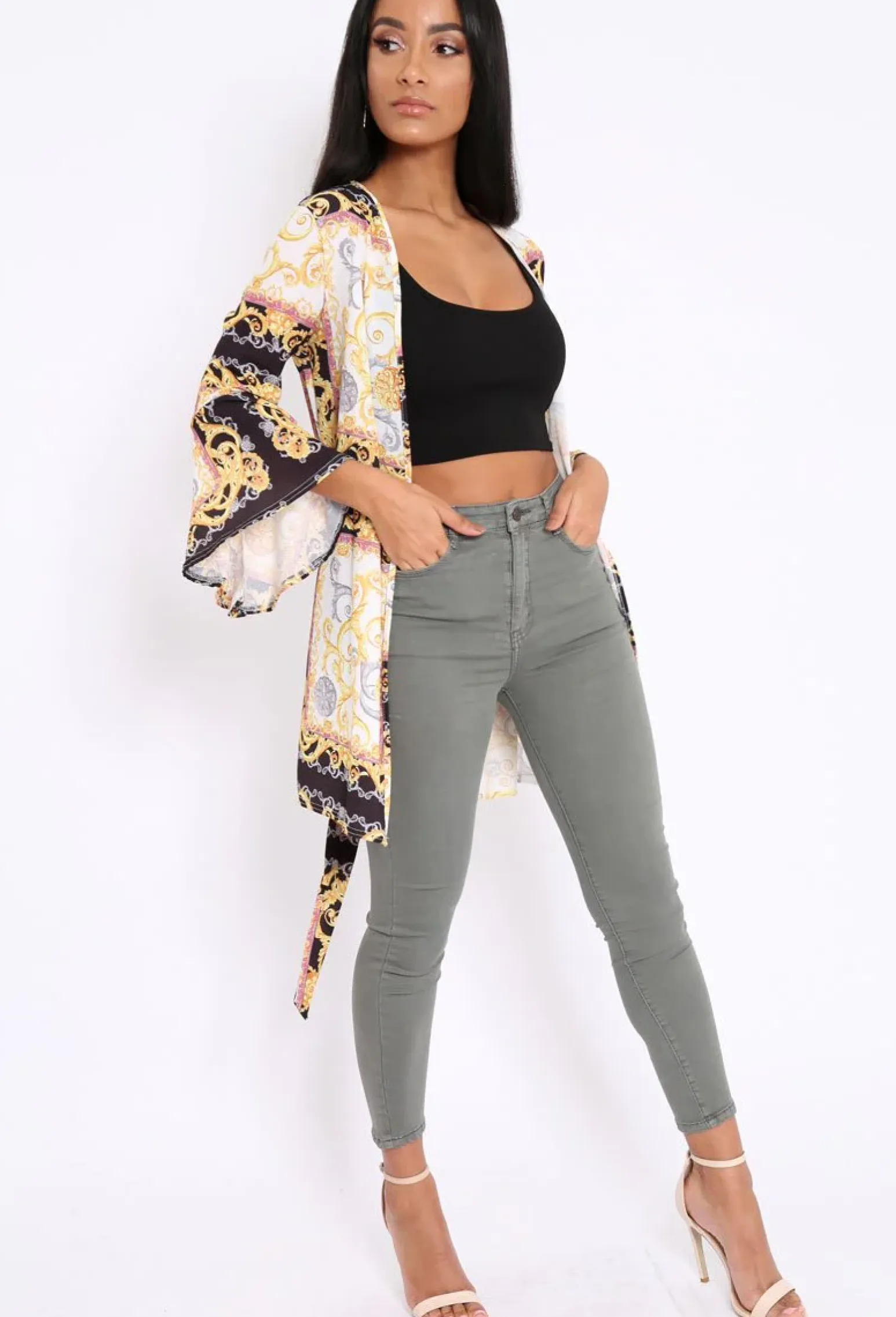 Rebellious Fashion Black and Gold Scarf Print Flare Sleeves Kimono - Marley