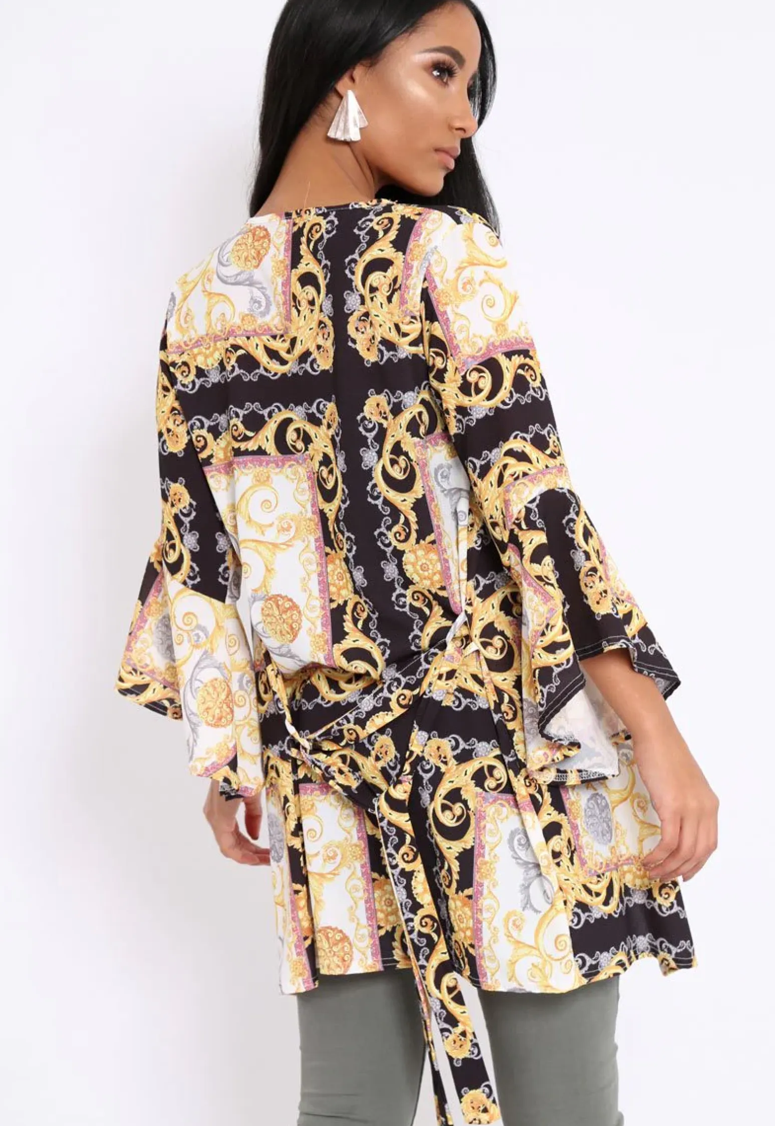 Rebellious Fashion Black and Gold Scarf Print Flare Sleeves Kimono - Marley