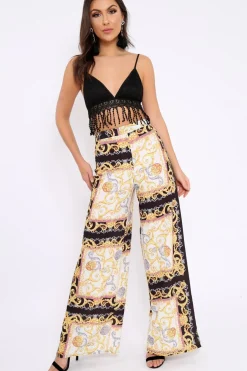 Rebellious Fashion Black and Gold Scarf Print High Waist Flare Trousers - Freddy