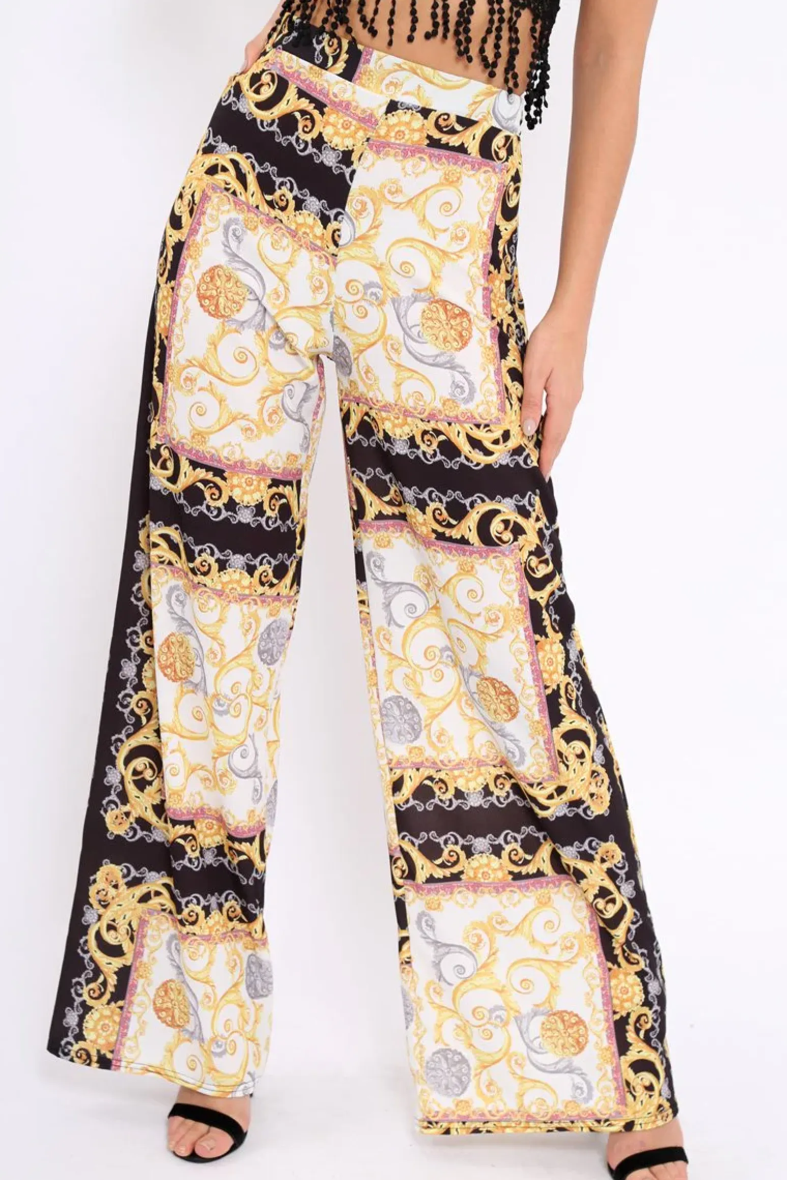 Rebellious Fashion Black and Gold Scarf Print High Waist Flare Trousers - Freddy