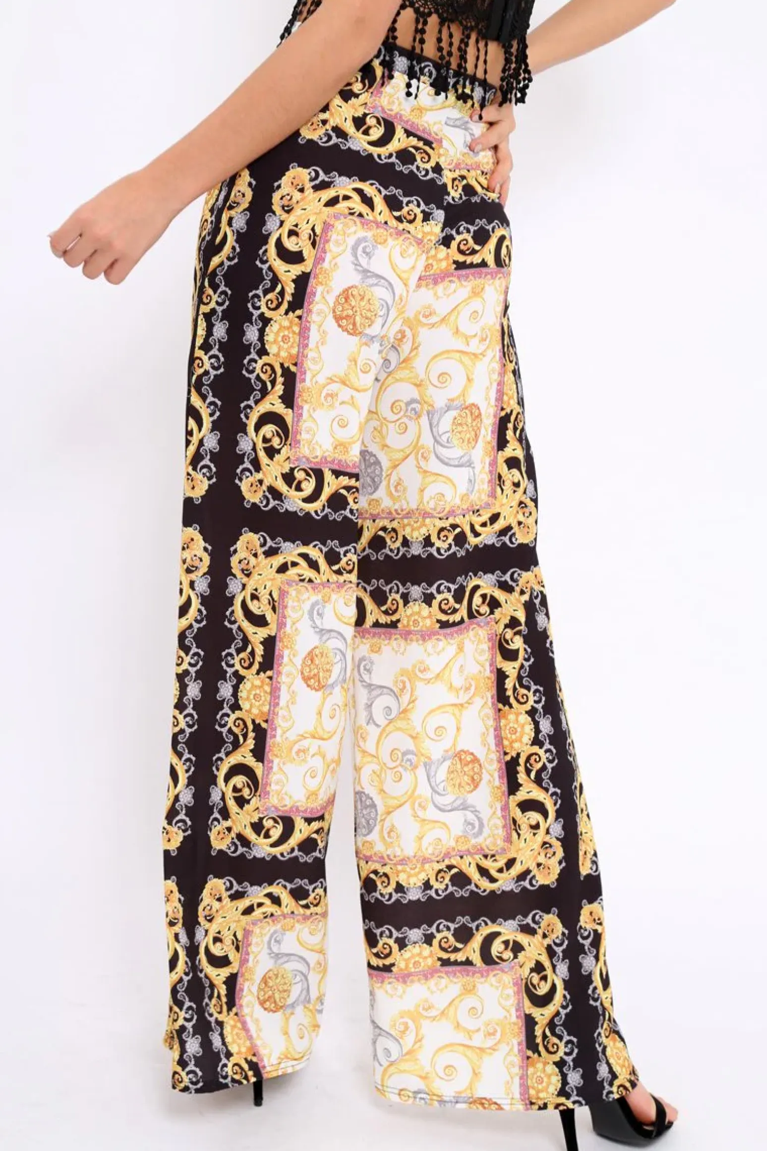Rebellious Fashion Black and Gold Scarf Print High Waist Flare Trousers - Freddy