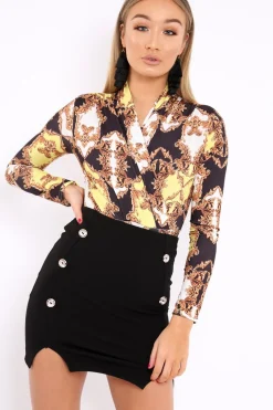 Rebellious Fashion Black and Gold Scarf Print Wrap Front Bodysuit - Jasmina