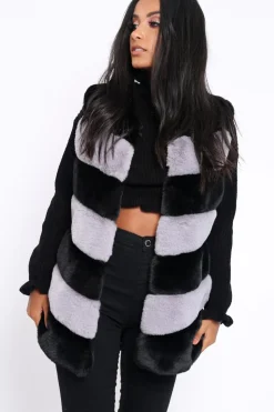 Rebellious Fashion Black and Grey Faux Fur Striped Gilet - Ida