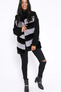 Rebellious Fashion Black and Grey Faux Fur Striped Gilet - Ida