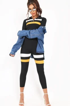 Rebellious Fashion Black And Mustard Stripe Crop Top And Leggings Co-Ord - Ramey