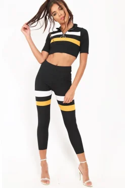 Rebellious Fashion Black And Mustard Stripe Crop Top And Leggings Co-Ord - Ramey
