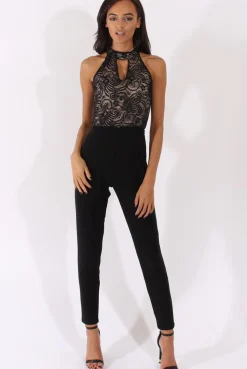 Rebellious Fashion Black And Nude Glitter Lace High Neck Jumpsuit - Abella