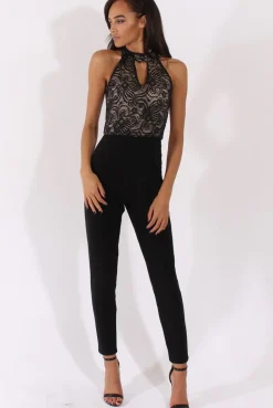 Rebellious Fashion Black And Nude Glitter Lace High Neck Jumpsuit - Abella