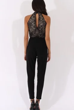 Rebellious Fashion Black And Nude Glitter Lace High Neck Jumpsuit - Abella