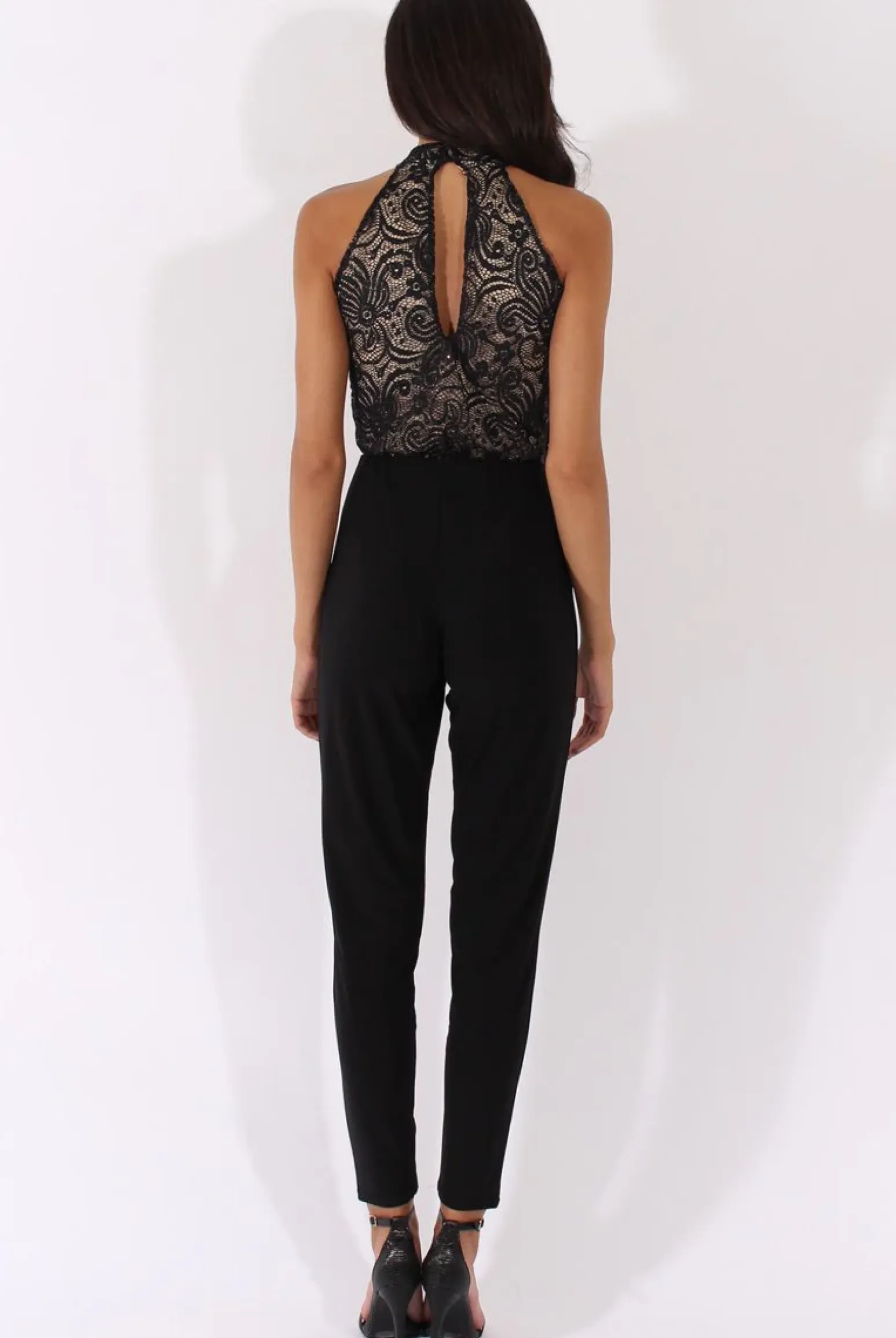 Rebellious Fashion Black And Nude Glitter Lace High Neck Jumpsuit - Abella