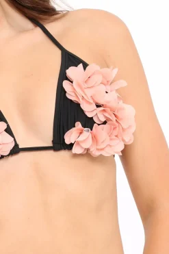 Rebellious Fashion Black And Pink Applique Flower Bikini Set - Halley