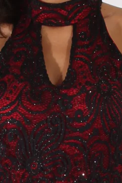 Rebellious Fashion Black And Red Glitter Lace High Neck Jumpsuit - Abella