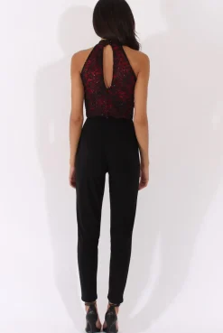 Rebellious Fashion Black And Red Glitter Lace High Neck Jumpsuit - Abella