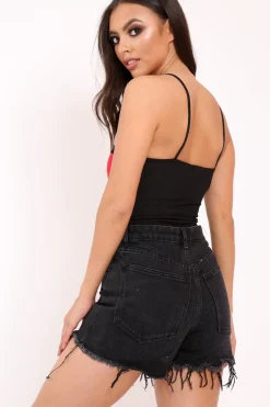 Rebellious Fashion Black and Red Ribbed Ring Zip Front Bodysuit - Carmella