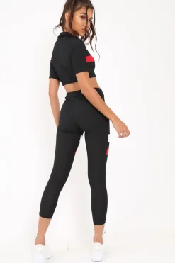 Rebellious Fashion Black And Red Stripe Crop Top And Leggings Co-Ord - Ramey