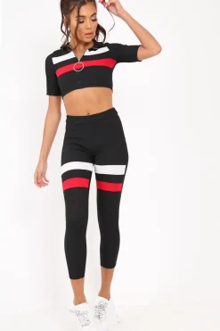 Rebellious Fashion Black And Red Stripe Crop Top And Leggings Co-Ord - Ramey