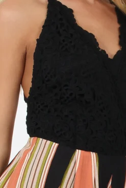 Rebellious Fashion Black and Salmon Aztec Pattern Crochet Cross Back Playsuit -Quinn