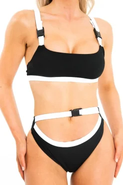 Rebellious Fashion Black and White Buckle Detail Cut Out Bikini - Duru