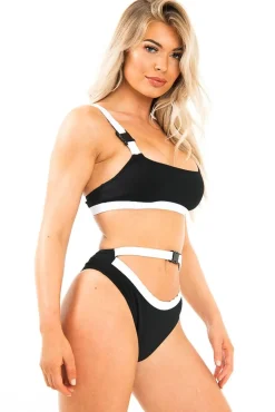 Rebellious Fashion Black and White Buckle Detail Cut Out Bikini - Duru