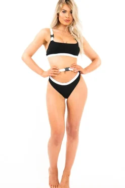 Rebellious Fashion Black and White Buckle Detail Cut Out Bikini - Duru