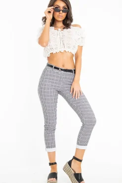 Rebellious Fashion Black and White Check Belted Tapered Trousers - Kierra