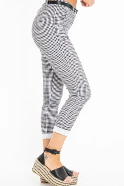 Rebellious Fashion Black and White Check Belted Tapered Trousers - Kierra