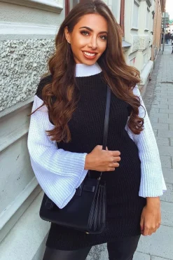 Rebellious Fashion Black And White Knitted High Neck Oversized Jumper - Cerina