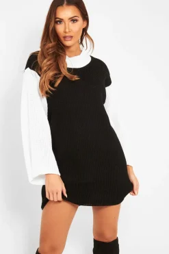 Rebellious Fashion Black And White Knitted High Neck Oversized Jumper - Cerina