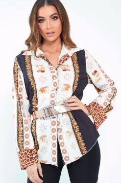 Rebellious Fashion Black And White Leopard Print Detail Satin Shirt - Corean