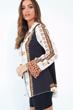 Rebellious Fashion Black And White Leopard Print Detail Satin Shirt - Corean