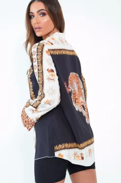 Rebellious Fashion Black And White Leopard Print Detail Satin Shirt - Corean