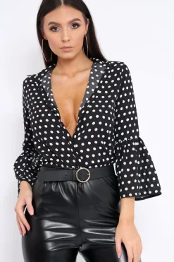Rebellious Fashion Black and White Polka Dot Shirt with Bell Sleeves - Harper
