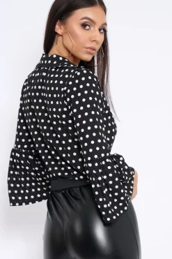 Rebellious Fashion Black and White Polka Dot Shirt with Bell Sleeves - Harper