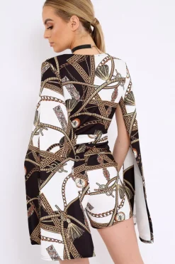 Rebellious Fashion Black and White Rope Print Cape Playsuit - Zyona