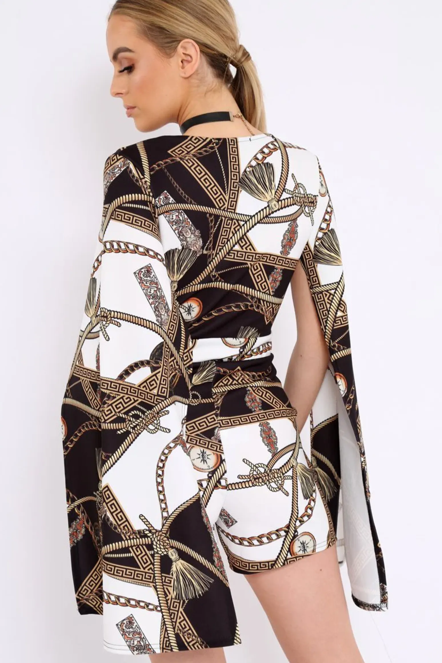 Rebellious Fashion Black and White Rope Print Cape Playsuit - Zyona