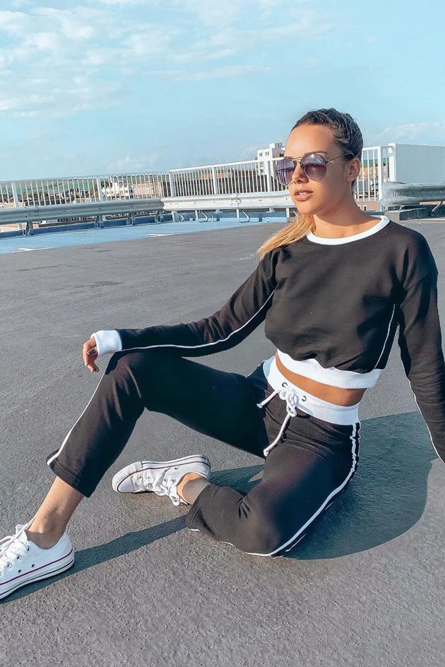Rebellious Fashion Black and White Side Stripe Sweatshirt and Jogger Set - Miliany