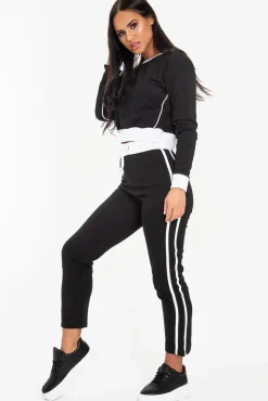 Rebellious Fashion Black and White Side Stripe Sweatshirt and Jogger Set - Miliany
