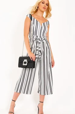 Rebellious Fashion Black And White Stripe Bardot V Dip Jumpsuit - Lisah