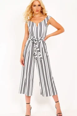Rebellious Fashion Black And White Stripe Bardot V Dip Jumpsuit - Lisah