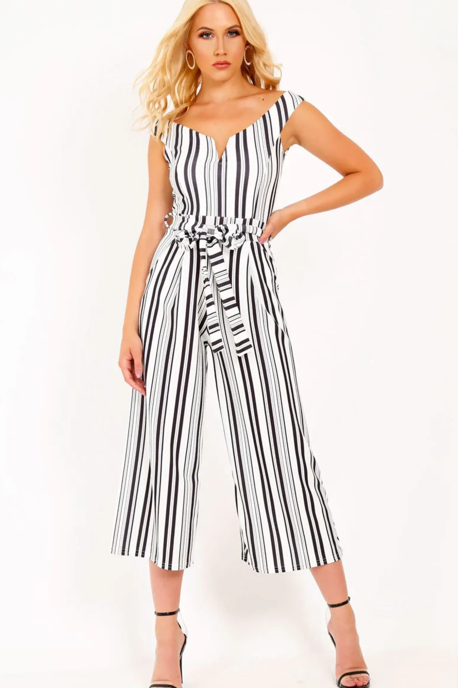 Rebellious Fashion Black And White Stripe Bardot V Dip Jumpsuit - Lisah