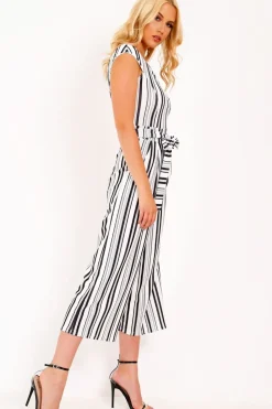 Rebellious Fashion Black And White Stripe Bardot V Dip Jumpsuit - Lisah